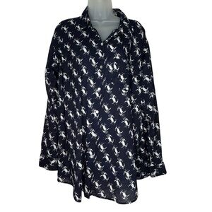 KIKISOL Women Sz XXL 2XL White Crab on Blue Cotton Long Sleeve Blouse Shirt Top.